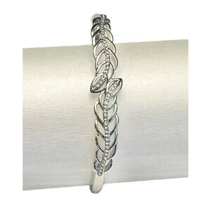 Macys Silver Hinged Bangle Bracelet Crystal Rhinestone Open Leaf Metalwork New
